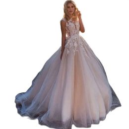 Floral White Tulle Wedding Sleeveless A-Line Floor-Length Bridal Dress Appliques Brides Dresses For Women Vestidos De Novia 328 328