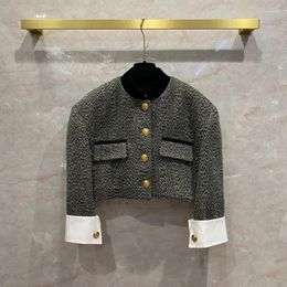Women's Jackets Detail Wool Tweed Short Jacket Contrasting Twill Weave Patchwork Shirt Sleeve Equestrian A Unique Blend Of Style