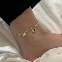 Anklets Real 925 Sterling Silver Beads Anklets Woman Gold Color Geometric Oval Charms Ankle Bracelet On The Leg Women Barefoot Jewelry