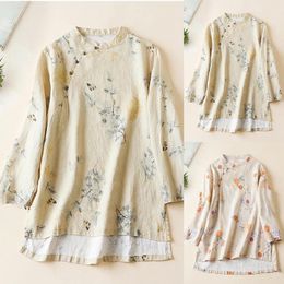 Women's Blouses Ladies Chinese Style Shirts Vintage Floral Printed Slant Opening Placket Loose Blouse Women Solid Color Long Sleeve Elegant