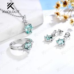 Sets Created Bluish Green Emerald Hexagon 6*6mm Solid 925 Sterling Silver Jewelry Set for Women Ring Necklace Earrings for Wedding