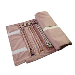 Display Grey PU Leather Inner Pink Travel Jewellery Roll Bag Necklace Pedant Bracelet Organiser Foldable Jewellery Display for Home Storage