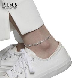 Anklets F.I.N.S DoubleLayer Snake Chain S925 Sterling Silver Anklet Charms Movable Beads Adjustable Bare Foot Fashion Fine Jewelry