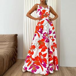 Work Dresses Elegant V-neck Backless Zipper Sling Tops And Long Skirts Suit Women Casual Sleeveless 2Pc Set Fashion Floral Print Bohe