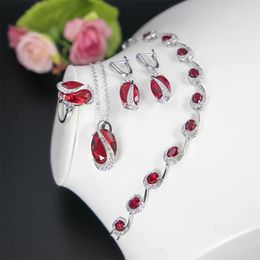 Sets Red Garnet Topaz 925 Sterling Silver Jewellery sets For women Necklace Earrings Ring Bracelets For Women Free Shipping