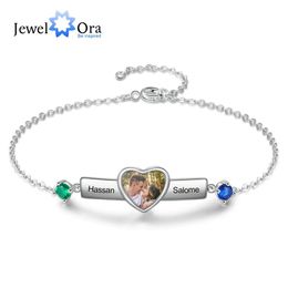 Bracelets JewelOra Designer JewelryPersonalized Engrave Name Bar Bracelet with Birthstone Custom Memory Photo Heart Bracelets Women Gifts