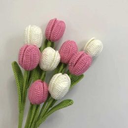 Other Arts and Crafts 1PC Crochet Tulips Flower Hand-knitted Artificial Flower Bouquet Fake Flower for Home Vase Decoration Christmas New Year Gifts YQ240111