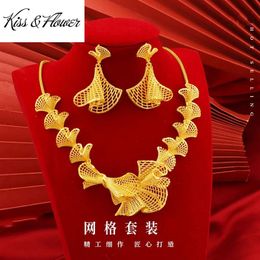 Sets KISS&FLOWER 24KT Gold Jewellery Set For Women Flower Net Necklace Earrings Bride Fine Jewelries Wholesale Wedding Party Gift JS29