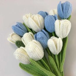 Other Arts and Crafts 1pcs Tulips Knitted Flower Fake Flowers Bouquet Hand-woven Crochet Flower Valentine's Day Gift Wedding Decoration Home Decor YQ240111