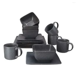 Plates Dark Grey Square Stoare 16-Piece Dinnerware Set With Active Glaze It Can Create Cool And Mottled Details