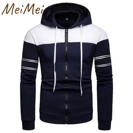 Casual Hooded Zipper Jacket Mens American Stitching Striped Cardigan Sweater Urban Fashion Contrast Colour Sweatshirt Explosive 240111