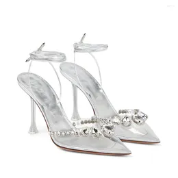 Dress Shoes 2024 Transparent High Heels Silver Diamond Sandals Slim Ankle Strap Pointed Women's