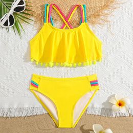 Suits Girls Solid Ruffle Flounce Bikini Swimsuit Kids Criss Cross Back Two Piece Children's Swimwear 512 Years Bathing Suit Beachwear