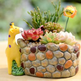 Creative Idyllic Small Animal Giraffe Pebble Flower Moss Succulent Micro Landscape Flower Pot Balcony Personalised Flower Device