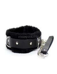 Restriant Slave Black Faux Leather Fur Plush Buckled Neck Collar Chain Leash AU8761262052