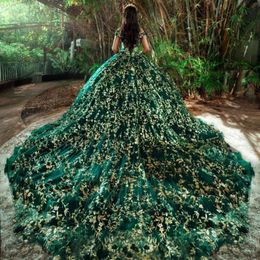 Sparkle Emerald Green Beaded Quinceanera Dresses Gold Appliques Lace Sequined Ball Gowns Off the Shoulder Vestido De 15 Anos Sweet 16
