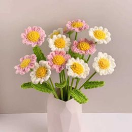Other Arts and Crafts New Hand-Knitted Daisy Tulip Flower Bouquet Crochet Wool Woven Knitting Flowers Home Decoration Valentine Teacher Day Gifts YQ240111