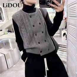 Autumn Winter Round Neck Double Breasted Knitted Vest Ladies Loose Casual Allmatch Cardigan Tank Top Women Sleeveless Sweater 240111