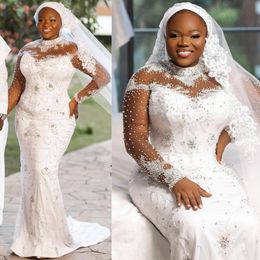 Plus Size Mermaid Wedding Dress for Bride High Neck Long Sleeves Sequined Lace Beaded Rehinestones Bridal Gowns for African Marriage Black Women Nigeria Girl CDW190