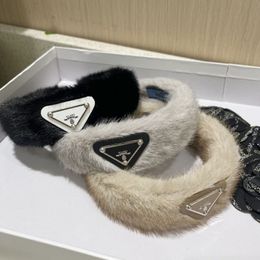 Women Mink Fur Headband with Label Cute Triangle Letter Hairband Fashion Hair Accessories for Gift Party
