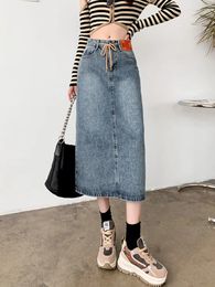 Skirts Spring Summer 2024 Women's Denim Vintage Front Split High Wasit Drawstring Jeans Female Straight Pencil