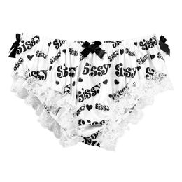 Lingerie Sissy Ruffled Floral Lace Underwear Mens Shiny Soft Satin Underpants Cute Bowknot Knickers Sissy Gay Briefs Panties 240110