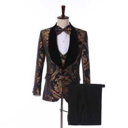 Jackets Jacquard Floral Casual Men Suits for Wedding Prom Groom Tuxedos 3 Piece Male Blazer Set with Pants Waistcoat Fashion 2022