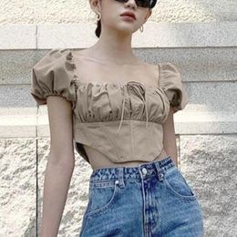 Women's T Shirts 2024 European And American Summer Sweet French Square Neck Tie Pleated Waist Short-sleeved Vest T-shirt