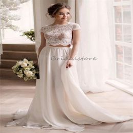 Rustic Country Two Pieces Wedding Dress O Neck Cap Sleeves Flowy Chiffon Bohemian Beach Bride Dress Top Lace Bolero Boho Brida Gowns Elegant Civil Sencillos Gatsby