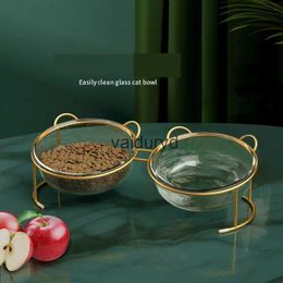 Dog Bowls Feeders New Cat Accessories Cute Pet Food Feeder Glass Dog Double Bowl Pet Bowls with Golden Stand Raised Cat Bowls Dog Water Bowlvaiduryd