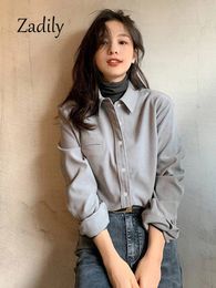Zadily Winter Office Lady Long Sleeve Women Thick Basic Shirt Korea Style Button Up Work Blouse Female Tops Clothing 240111