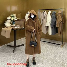 Maxmaras Womens Wrap Coat Camel Hair Coats Max Teddy Bear Hooded Woolen Extended Thickened Warm Silhouette with Two Button Long Sleeves Elegant Comm Rjdk K06Q