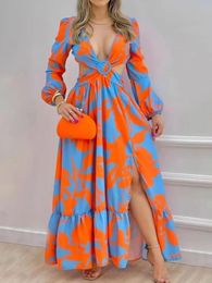 Dress Colorblock Print ORing Twist Cutout Split Thigh Maxi Dress