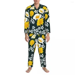 Men's Sleepwear Pyjamas Men Yellow White Daisies Night Nightwear Floral Art 2 Pieces Vintage Pyjama Sets Long-Sleeve Soft Oversized Home