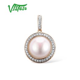 Pendants VISTOSO Gold Pendant For Women Pure 14K 585 Rose Gold Sparkling Diamond Elegant Fresh Water Pearl Pendant For Lady Fine Jewelry