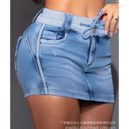 Skirts Women Denim Summer Sexy Solid Colour Pocket Stitching Skirt Fashion Lace-up Button Slim High Waist Mini