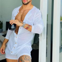 Sexy Pyjamas Jumpsuit Men Solid Colour Tight O Neck Long Sleeve T Shirt and Shorts Buttons Home Clothes 240110