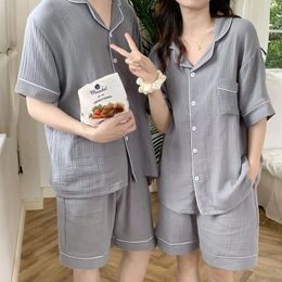 Women's Sleepwear Cotton Linen Couples Short Sleeve Set Woman 2 Pieces Pajamas Summer Pajama For Women Womens Pyjamas Sets Men