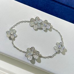 Luxury Van Clee Frivole Brand Designer Copper Full Crystal Four Leaf Clover Flowers Statement Charm Bracelet With Box For Women Jewelry