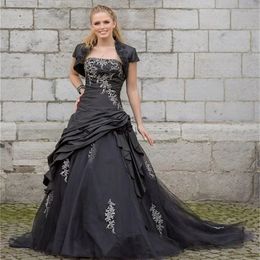 Vestido de casamento gótico preto vintage com jaqueta curta marfim rendas apliques ruched uma linha longos vestidos de noiva tribunal trem volta espartilho 2024