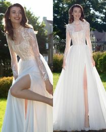 Abiti da sposa sexy con applicazioni in pizzo Abiti da sposa a-line Spacchi alti fino alla coscia Abiti da sposa Abito da treno a spazzola Taglia personalizzata