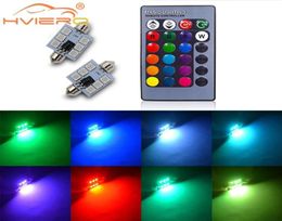 2X RGB 5050 6SMD Festoon Lights c5w Dome Light Car Led Auto mobile Remote Controlled Colorful Reading Lamp Roof trunk Bulbs8130031