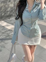 Women's Blouses Japan Korean Design Striped Polo Collar Long Sleeve Shirt For Spring Autumn Sweet Ins Chic Slim Tight Sexy Blouse Top