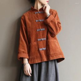 Ethnic Clothing Autumn Winter Retro Corduroy Solid Colour Stand Collar Plate Button Long Sleeved Tang Suit Jacket Shirt Chinese Style Top