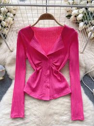 Women's Blouses Women Autumn Shirt Hong Kong Version Purely Spicy Girl High End Lapel With Tight Pleated Design Unique Beautiful Top D5473