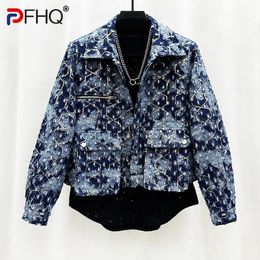 PFHQ Sequin Light Luxury Denim Jackets For Men's Personalized High Quality Handsome Fashion Worn Out Vintage Autumn Coat 21Z2683 240110