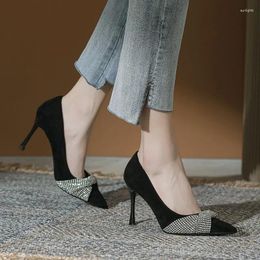 Dress Shoes Size 30-44 2024 Spring 9cm High Heel Women Suede Solid Colour Black Rhinestone Thin Point Toe Pumps