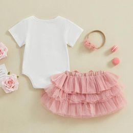 Clothing Sets Infant Baby Girl 3 Piece Outfit Short Sleeve Letter Print Romper Elastic Waist Mesh Skirt 3D Flower Headband Toddler Set