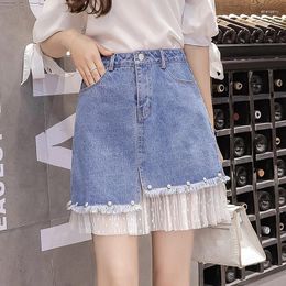 Skirts Blue Denim Women Spliced Mesh Korean Style A-line High Waist Short Skirt Sexy Elegant Office Wear Summe