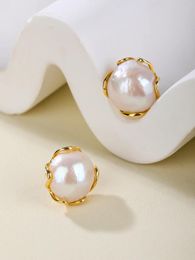 Stud Earrings 14mm Freshwater Cultured Button Pearl 925 Sterling Silver Generous Elegant Jewelry Gifts For Women